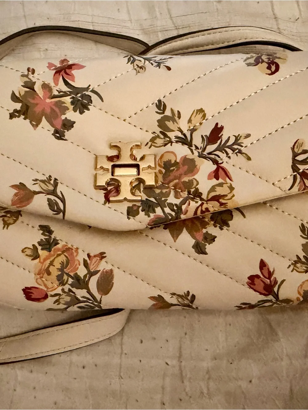 Tory Burch Cream Quilted Floral Crossbody with Gold Logo